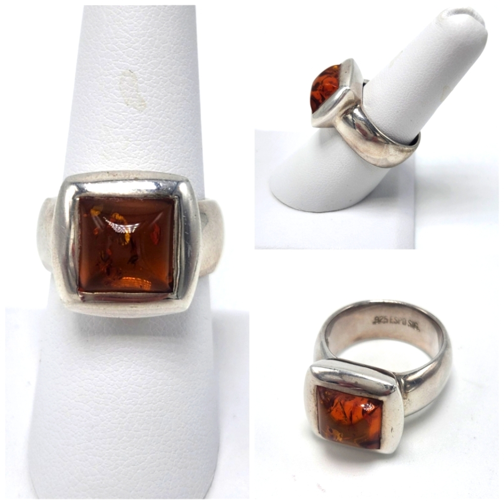 Espo 925 Silver Amber Cabochon Ring 7